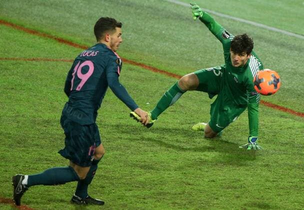 MOSCOW, RUSSIA - MARCH 15, 2018: Atletico Madrid s Lucas Hernandez (L) and goalkeeper Axel Werner in the 2017-2018 UEFA Europa League Round of 16 second leg football match against Lokomotiv Moscow at RZD Arena (Lokomotiv Stadium). Atletico Madrid won the game 5-1. Mikhail Tereshchenko TASS  TS077E65