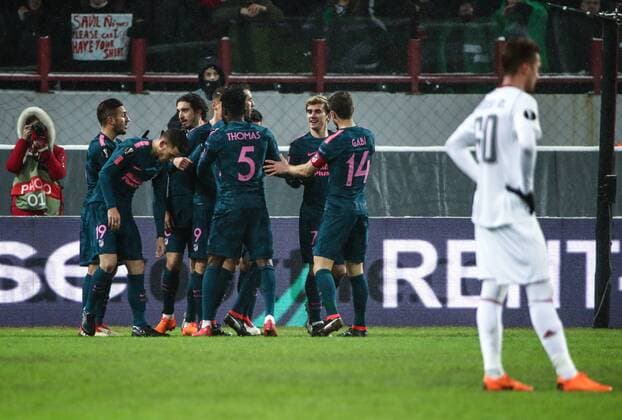 MOSCOW, RUSSIA - MARCH 15, 2018: Atletico Madrid s players celebrate scoring in the 2017-2018 UEFA Europa League Round of 16 second leg football match against Lokomotiv Moscow at RZD Arena (Lokomotiv Stadium). Valery Sharifulin TASS  TS077E63