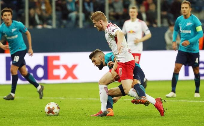 St Petersburg RB Leipzig Soccer Euro League St Petersburg 15 03 2018 Krestowski Stadium Football UEFA Euro League Round of 16 Relegation FK Zenit St Petersburg vs. RB Leipzig Pictured Timo Werner ahead RB Leipzig is fouled by MihaÊMevlja 23 Zenit penalty