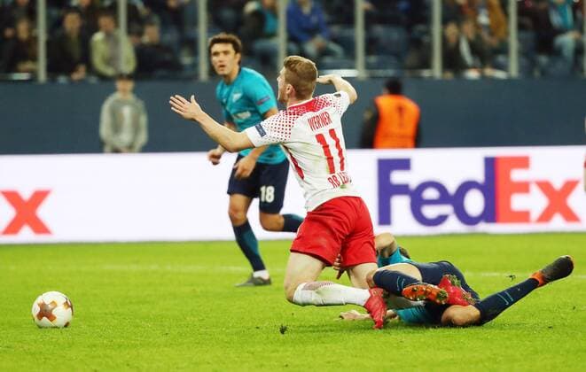 St Petersburg RB Leipzig Soccer Euro League St Petersburg 15 03 2018 Krestowski Stadium Soccer UEFA Euro League Round of 16 Relegation FK Zenit St Petersburg vs. RB Leipzig Timo Werner l RB Leipzig is fouled by MihaÊMevlja 23 Zenit penalty