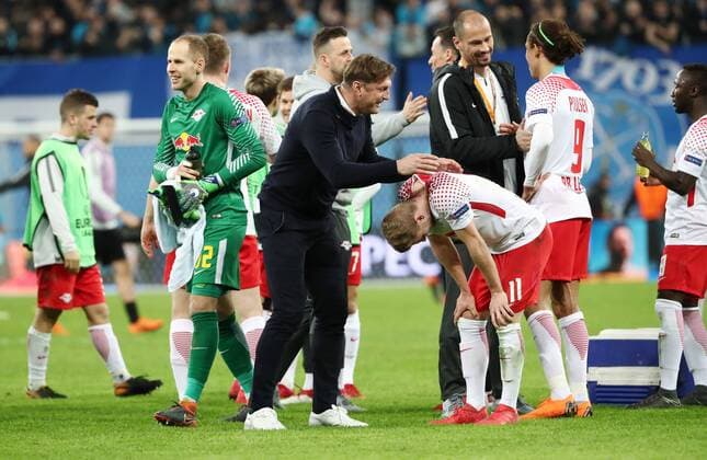St Petersburg RB Leipzig Soccer Euro League Saint Petersburg 15 03 2018 Krestowski Stadium Soccer UEFA Euro League Round of 16 Relegation FK Zenit St Petersburg vs. RB Leipzig 1 1 1 1 RBL Final victory after the quarter-finals in the picture lr Keeper Peter Gulacsi 32 RB Leipzig Coach Ralph Hasenhüttl Hasenhuettl RB Leipzig Timo Werner 11 RB Leipzig and Yussuf Poulsen 9 RB Leipzig