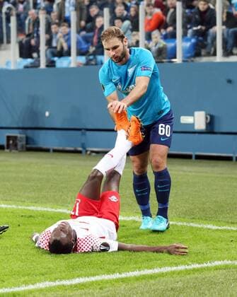 St Petersburg RB Leipzig Soccer Euro League Saint Petersburg 15 03 2018 Krestowski Stadium Soccer UEFA Euro League Round of 16 Relegation FK Zenit St Petersburg vs RB Leipzig 1 1 1 1 Pictured l Bruma 17 RB Leipzig get help from BranislavÊIvanovic 60 Zenit