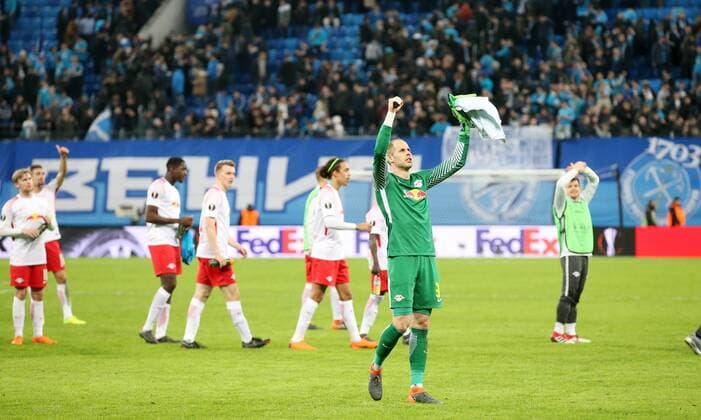 St Petersburg RB Leipzig Soccer Euro League St Petersburg 15 03 2018 Krestowski Stadium Soccer UEFA Euro League Round of 16 Relegation FK Zenit St Petersburg vs. RB Leipzig 1 1 1 1 RBL Final victory after reaching the quarter-finals In the picture Goalkeeper Peter Gulacsi 32 RB Leipzig
