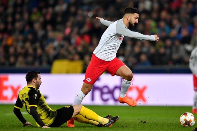 SOCCER - UEFA EL, RBS vs Dortmund SALZBURG,AUSTRIA,15.MAR.18 - SOCCER - UEFA Europa League, round of 16, Red Bull Salzburg vs Borussia Dortmund. Image shows Gonzalo Castro (Dortmund) and Munas Dabbur (RBS). GEPAxpictures xFlorianxErtl