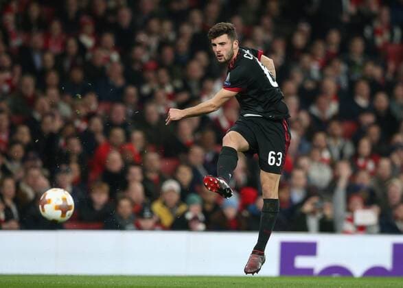 15th March 2018, Emirates Stadium, London, England; UEFA Europa League football, round of 16 second leg, Arsenal versus AC Milan; Patrick Cutrone of AC Milan taking a shot on goal  ActionPlus12001777