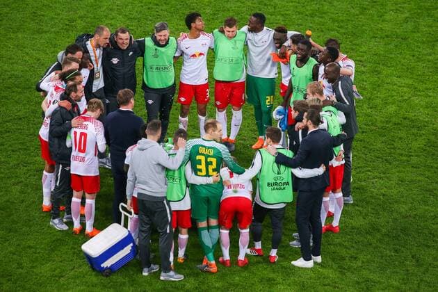 ST PETERSBURG, RUSSIA - MARCH 15, 2018: RB Leipzig s players and staff seen after the 2017-2018 UEFA Europa League Round of 16 second leg football match against Zenit St Petersburg at Saint Petersburg Stadium. The game ended in a 1-1 draw. Peter Kovalev TASS  TS077E72
