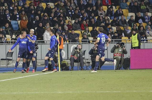 March 15, 2018 - Kiev, Ukraine - Players of S.S. Lazio celebrate the goal during the 2nd leg of Round 16 UEFA Europa League match at a NSC Olimpiyskyi in Kyiv, Ukraine, March 15, 2018. Dynamo Kiev v Lazio - UEFA Europa League Round of 16: Second Leg  - ZUMAn230 20180315_zaa_n230_350 Copyright: xSergiixKharchenkox