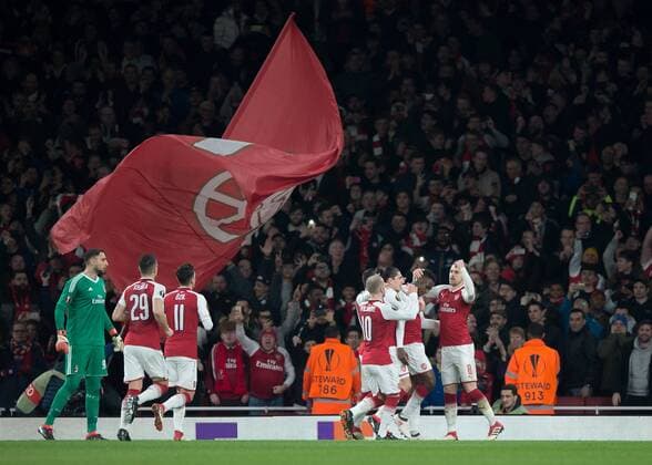 Danny Welbeck of Arsenal celebrates scoring the equalising goal during the UEFA Europa League round of 16 2nd leg match between Arsenal and AC Milan at the Emirates Stadium, London, England on 15 March 2018. Copyright: xVincexxMignottx PMI-1884-0008