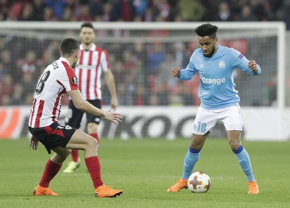 (L-R) *Jordan Amavi* of Olympique de Marseille during the Athletic Club Bilbao vs Olympique de Marseille, UEFA Europa League at San Mames Stadium in Bilbao on March 15, 2018. (© DAVID CANTIBRERA CORDON PRESS)  x©xDAVIDxCANTIBRERAx xx