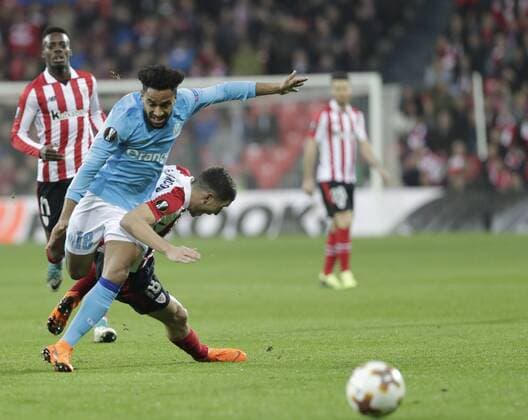 (L-R) *Jordan Amavi* of Olympique de Marseille during the Athletic Club Bilbao vs Olympique de Marseille, UEFA Europa League at San Mames Stadium in Bilbao on March 15, 2018. (© DAVID CANTIBRERA CORDON PRESS)  x©xDAVIDxCANTIBRERAx xx