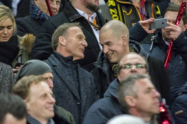 Football UEFA Europa League EL Season 2017 2018 Round of 16 RB Salzburg Borussia Dortmund in Salzburg Austria Dortmunds managing directors Hans Joachim Watzke and Carsten Cramer are talking in the stands Copyright: xKirchner FalkxDezortx