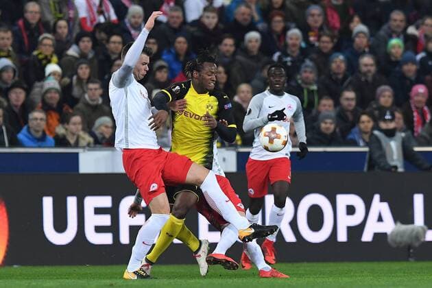 Football Europa League Round of 16 FC Salzburg Borussia Dortmund on 15 03 2018 at the Red Bull Arena in Salzburg Duje Caleta Car Salzburg left Michy Batshuayi Dortmund right xRx