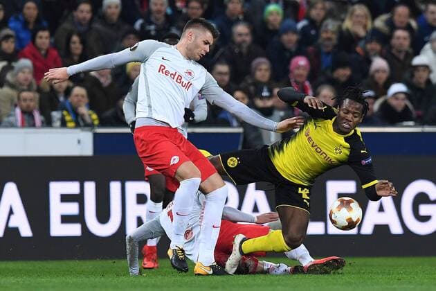 Football Europa League Round of 16 FC Salzburg Borussia Dortmund on 15 03 2018 at the Red Bull Arena in Salzburg Duje Caleta Car Salzburg left Michy Batshuayi Dortmund right xRx