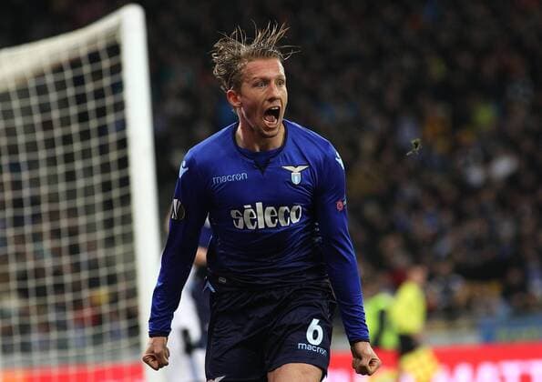 March 15, 2018 - Kiev, Ukraine - Lazio s Lucas Leiva celebrates the goal scored during the Europa League round of 16, soccer match between Dynamo Kiev and Lazio at the Olympic Stadium in Kiev. Ukraine, Thursday, March 15, 2018 Dynamo Kiev v Lazio - UEFA Europa League Round of 16: Second Leg  - ZUMAn230 20180315_zaa_n230_365 Copyright: xDanilxShamkinx