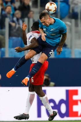 March 15, 2018 - Saint Petersburg, Russia - Anton Zabolotny (top) of FC Zenit Saint Petersburg and Ibrahima Konate of RB Leipzig vie for the ball during the UEFA Europa League Round of 16 second leg match between FC Zenit St. Petersburg and RB Leipzig at Saint Petersburg Stadium on March 15, 2018 in Saint Petersburg, Russia. Zenit St Petersburg v RB Leipzig - UEFA Europa League Round of 16: Second Leg  - ZUMAn230 20180315_zaa_n230_420 Copyright: xMikexKireevx