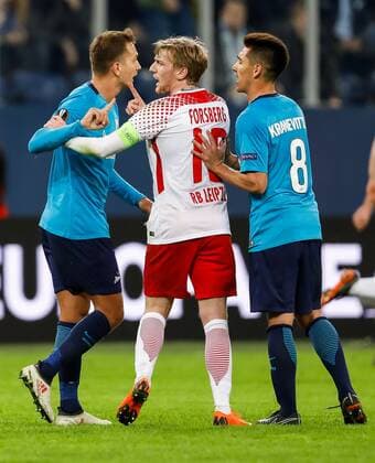 March 15, 2018 - Saint Petersburg, Russia - Domenico Criscito (L) and Matias Kranevitter (R) of FC Zenit Saint Petersburg argue with Emil Forsberg of RB Leipzig during the UEFA Europa League Round of 16 second leg match between FC Zenit St. Petersburg and RB Leipzig at Saint Petersburg Stadium on March 15, 2018 in Saint Petersburg, Russia. Zenit St Petersburg v RB Leipzig - UEFA Europa League Round of 16: Second Leg  - ZUMAn230 20180315_zaa_n230_424 Copyright: xMikexKireevx