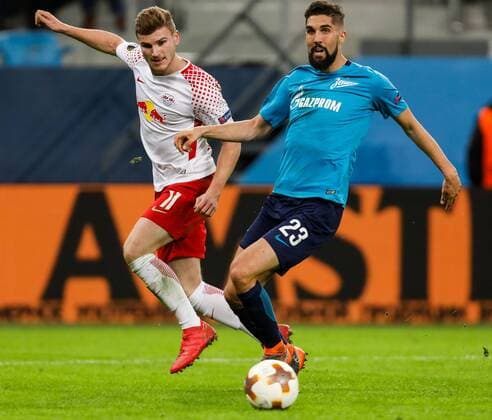 March 15, 2018 - Saint Petersburg, Russia - Miha Mevlja (R) of FC Zenit Saint Petersburg and Timo Werner of RB Leipzig vie for the ball during the UEFA Europa League Round of 16 second leg match between FC Zenit St. Petersburg and RB Leipzig at Saint Petersburg Stadium on March 15, 2018 in Saint Petersburg, Russia. Zenit St Petersburg v RB Leipzig - UEFA Europa League Round of 16: Second Leg  - ZUMAn230 20180315_zaa_n230_428 Copyright: xMikexKireevx