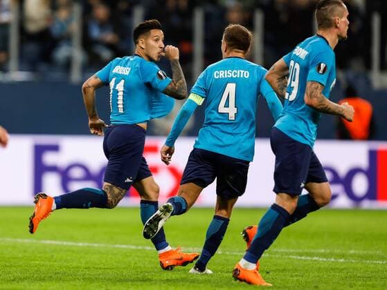 Bilder des Tages - SPORT March 15, 2018 - Saint Petersburg, Russia - Sebastian Driussi (L) of FC Zenit Saint Petersburg celebrates his goal during the UEFA Europa League Round of 16 second leg match between FC Zenit St. Petersburg and RB Leipzig at Saint Petersburg Stadium on March 15, 2018 in Saint Petersburg, Russia. Zenit St Petersburg v RB Leipzig - UEFA Europa League Round of 16: Second Leg  - ZUMAn230 20180315_zaa_n230_446 Copyright: xMikexKireevx
