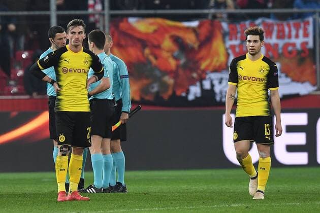 Soccer Europa League Round of 16 FC Salzburg Borussia Dortmund on 15 03 2018 at the Red Bull Arena in Salzburg Maximilian Philipp Dortmund left Raphael Guerreino Dortmund disappointed right xRx
