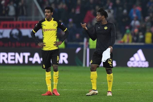 Football Europa League Round of 16 FC Salzburg Borussia Dortmund on 15 03 2018 at the Red Bull Arena in Salzburg Alexander Isak Dortmund on the left Michy Batshuayi Dortmund on the right is disappointed xRx