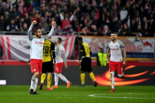 Bilder des Tages - SPORT SOCCER - UEFA EL, RBS vs Dortmund SALZBURG,AUSTRIA,15.MAR.18 - SOCCER - UEFA Europa League, round of 16, Red Bull Salzburg vs Borussia Dortmund. Image shows the rejoicing of Andreas Ulmer and Valon Berisha (RBS). GEPAxpictures xFlorianxErtl