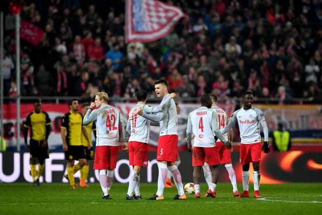 SOCCER - UEFA EL, RBS vs Dortmund SALZBURG,AUSTRIA,15.MAR.18 - SOCCER - UEFA Europa League, round of 16, Red Bull Salzburg vs Borussia Dortmund. Image shows the rejoicing of RBS. GEPAxpictures xFlorianxErtl