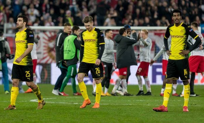 Salzburg Austria 15 03 2018 UEFA Europa League 2017 18 Season Round of 16 Second leg Red Bull Salzburg BV Borussia Dortmund Sokratis BVB Lukasz Piszczek BVB Alexander Isak BVB disappointed DeFodi048