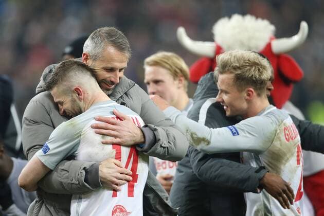 SOCCER - UEFA EL, RBS vs Dortmund SALZBURG,AUSTRIA,15.MAR.18 - SOCCER - UEFA Europa League, round of 16, Red Bull Salzburg vs Borussia Dortmund. Image shows head coach Marco Rose and Valon Berisha (RBS). GEPAxpictures xMathiasxMandl