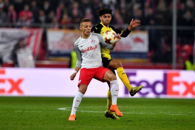 SOCCER - UEFA EL, RBS vs Dortmund SALZBURG,AUSTRIA,15.MAR.18 - SOCCER - UEFA Europa League, round of 16, Red Bull Salzburg vs Borussia Dortmund. Image shows Hannes Wolf (RBS) and Mahmoud Dahoud (Dortmund). GEPAxpictures xFlorianxErtl