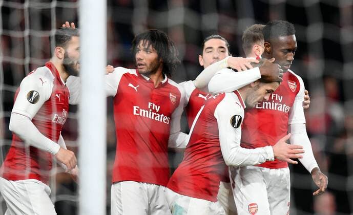 Football - 2017 2018 UEFA Europa League - Round of Sixteen, Second Leg: Arsenal (2) vs. AC Milan (0) Arsenal s Danny Welbeck celebrates scoring his side s third goal with Jack Wilshere COLORSPORT ASHLEY WESTERN 