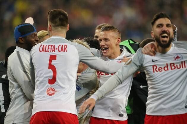 SOCCER - UEFA EL, RBS vs Dortmund SALZBURG,AUSTRIA,15.MAR.18 - SOCCER - UEFA Europa League, round of 16, Red Bull Salzburg vs Borussia Dortmund. Image shows the rejoicing of Duje Caleta-Car, Hannes Wolf and Munas Dabbur (RBS). GEPAxpictures xMathiasxMandl