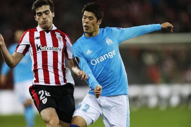 Inigo Cordoba (Bilbao), Hiroki Sakai (Marseille), MARCH 15, 2018 - Football Soccer : UEFA Europa League Round of 16 2nd leg match between Athletic Club de Bilbao 1-2 Olympique de Marseille at San Mames stadium in Bilbao, Spain. Noxthirdxpartyxsales  (74292584)
