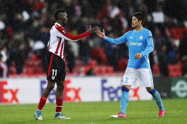 Inaki Williams (Bilbao), Hiroki Sakai (Marseille), MARCH 15, 2018 - Football Soccer : UEFA Europa League Round of 16 2nd leg match between Athletic Club de Bilbao 1-2 Olympique de Marseille at San Mames stadium in Bilbao, Spain. Noxthirdxpartyxsales  (74292695)