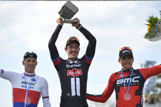 - ROUBAIX, FRANCE: Czech Zdenek Stybar of team Etixx - Quick-Step, German John Degenkolb of Team Giant-Alpecin and Belgian Greg Van Avermaet of BMC Racing Team pictured after the Paris-Roubaix one day cycling race, 253,5 km from Compiegne to the Velodrome in Roubaix, Sunday 12 April 2015. DIRKxWAEM  x78194593x