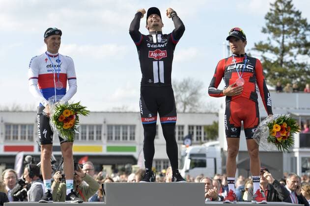 - ROUBAIX, FRANCE: Czech Zdenek Stybar of team Etixx - Quick-Step, German John Degenkolb of Team Giant-Alpecin and Belgian Greg Van Avermaet of BMC Racing Team pictured after the Paris-Roubaix one day cycling race, 253,5 km from Compiegne to the Velodrome in Roubaix, Sunday 12 April 2015. DIRKxWAEM  x78194634x