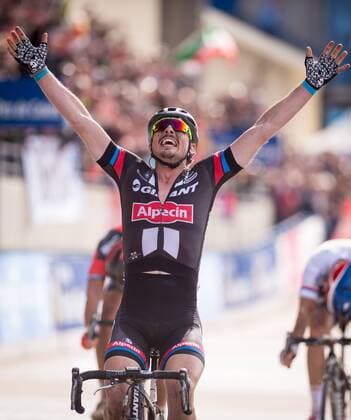 - ROUBAIX, FRANCE: German John Degenkolb of Team Giant-Alpecin celebrates after winning the Paris-Roubaix one day cycling race, 253,5 km from Compiegne to the Velodrome in Roubaix, Sunday 12 April 2015. LUCxCLAESSEN  x78194820x