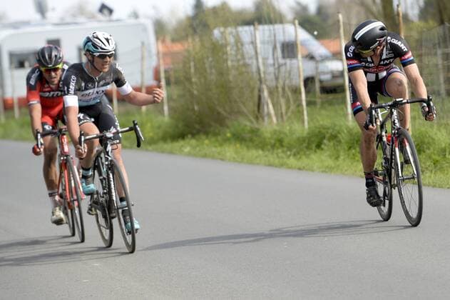 - ROUBAIX, FRANCE: Belgian Greg Van Avermaet of BMC Racing Team, Belgian Yves Lampaert of team Etixx - Quick-Step and German John Degenkolb of Team Giant-Alpecin pictured during the Paris-Roubaix one day cycling race, 253,5 km from Compiegne to the Velodrome in Roubaix, Sunday 12 April 2015. DIRKxWAEM  x78198259x