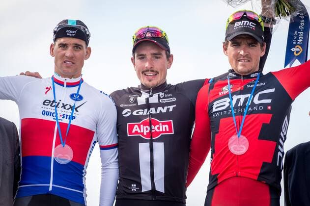 - ROUBAIX, FRANCE: Czech Zdenek Stybar of team Etixx - Quick-Step, German John Degenkolb of Team Giant-Alpecin and Belgian Greg Van Avermaet of BMC Racing Team celebrate on the podium after the Paris-Roubaix one day cycling race, 253,5 km from Compiegne to the Velodrome in Roubaix, Sunday 12 April 2015. LUCxCLAESSEN  x78198521x