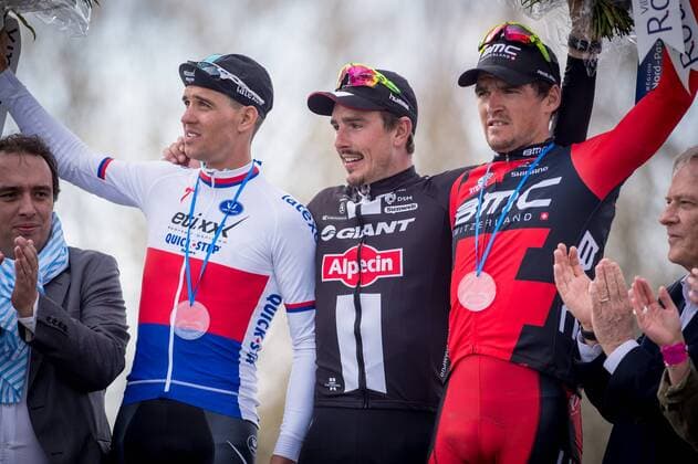 - ROUBAIX, FRANCE: Czech Zdenek Stybar of team Etixx - Quick-Step, German John Degenkolb of Team Giant-Alpecin and Belgian Greg Van Avermaet of BMC Racing Team pictured during the Paris-Roubaix one day cycling race, 253,5 km from Compiegne to the Velodrome in Roubaix, Sunday 12 April 2015. LUCxCLAESSEN  x78198554x