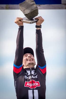 - ROUBAIX, FRANCE: German John Degenkolb of Team Giant-Alpecin celebrate on the podium after the Paris-Roubaix one day cycling race, 253,5 km from Compiegne to the Velodrome in Roubaix, Sunday 12 April 2015. LUCxCLAESSEN  x78198775x