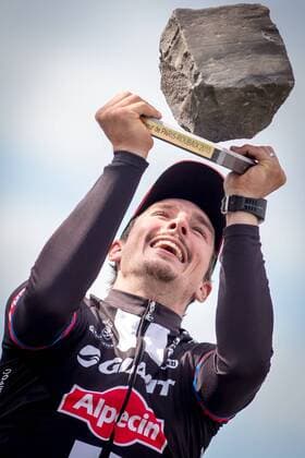 - ROUBAIX, FRANCE: German John Degenkolb of Team Giant-Alpecin celebrates on the podium after the Paris-Roubaix one day cycling race, 253,5 km from Compiegne to the Velodrome in Roubaix, Sunday 12 April 2015. LUCxCLAESSEN  x78198816x