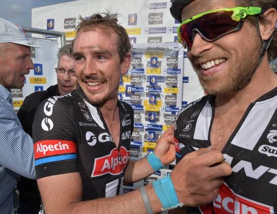 - ROUBAIX, FRANCE: Belgian Bert De Backer of Team Giant-Alpecin and German John Degenkolb of Team Giant-Alpecin pictured after the Paris-Roubaix one day cycling race, 253,5 km from Compiegne to the Velodrome in Roubaix, Sunday 12 April 2015. POOLxPAPONxL EQUIPE  x78199006x