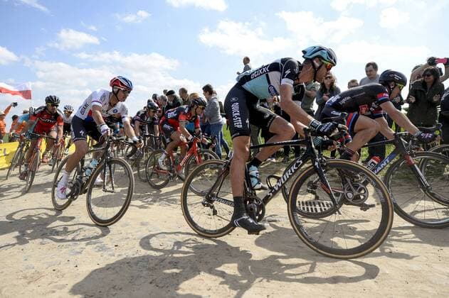 - ROUBAIX, FRANCE: Czech Zdenek Stybar of team Etixx - Quick-Step, Belgian Greg Van Avermaet of BMC Racing Team, Belgian Stijn Vandenbergh of team Etixx - Quick-Step and German John Degenkolb of Team Giant-Alpecin pictured during the Paris-Roubaix one day cycling race, 253,5 km from Compiegne to the Velodrome in Roubaix, Sunday 12 April 2015. DIRKxWAEM  x78205511x