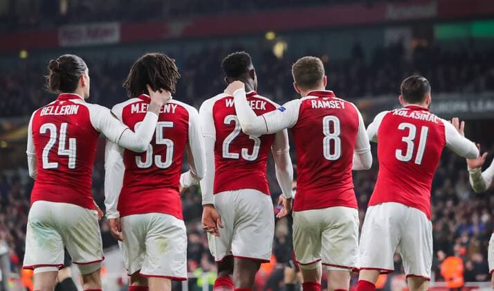 (180316) -- LONDON, March 16, 2018 -- Danny Welbeck (C) of Arsenal celebrates scoring with teammates during the UEFA Europa League round of 16 second-leg match against AC Milan at the Emirates Stadium in London, Britain on March 15, 2018. Arsenal beat AC Milan 3-1 and advanced to the quarterfinal with a 5-1 aggregate. ) (SP)BRITAIN-LONDON-SOCCER-EUROPA LEAGUE-ARSENAL VS AC MILAN RichardxWashbrooke 