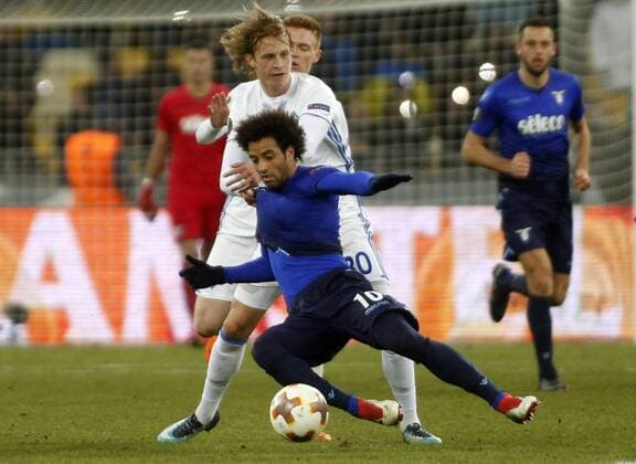 March 15, 2018 - Viktor Tsygankov (F) of Lazio vies for the ball with Artem Shabanov(B) of Dynamo during the Europa League round 16 second leg football match between FC Dynamo Kyiv and SS Lazio, at the Olimpiyskyi stadium in Kyiv, Ukraine, March 15, 2018. Europa League round 16 second leg football match between FC Dynamo Kyiv and SS Lazio - ZUMAs334 82331963st Copyright: xAnatoliixStepanovx