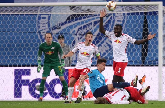 March 15, 2018 - Saint Petersburg, Russia - Diego Demme, Dayot Upamecano, Emil Forsberg (L-R) of RB Leipzig and Emiliano Rigoni (C) of FC Zenit Saint Petersburg vie for the ball during the UEFA Europa League Round of 16 2nd leg football match between FC Zenit Saint Petersburg and RB Leipzig at Saint Petersburg Stadium. FC Zenit Saint Petersburg vs RB Leipzig UEFA Europa League Round of 16 2nd leg football match in Saint Petersburg, Russia - 15 Mar 2018 - ZUMAs197 82334546st Copyright: xIgorxRussakx