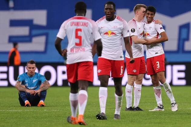 March 15, 2018 - Saint Petersburg, Russia - Players of RB Leipzig celebrates after the UEFA Europa League Round of 16 2nd leg football match between FC Zenit Saint Petersburg and RB Leipzig ended at Saint Petersburg Stadium. FC Zenit Saint Petersburg vs RB Leipzig UEFA Europa League Round of 16 2nd leg football match in Saint Petersburg, Russia - 15 Mar 2018 - ZUMAs197 82334592st Copyright: xIgorxRussakx