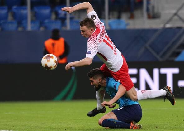 March 15, 2018 - Saint Petersburg, Russia - Lukas Klostermann of RB Leipzig (L) and Miha Mevlja of FC Zenit Saint Petersburg vie for the ball during the UEFA Europa League Round of 16 2nd leg football match between FC Zenit Saint Petersburg and RB Leipzig at Saint Petersburg Stadium. FC Zenit Saint Petersburg vs RB Leipzig UEFA Europa League Round of 16 2nd leg football match in Saint Petersburg, Russia - 15 Mar 2018 - ZUMAs197 82334609st Copyright: xIgorxRussakx