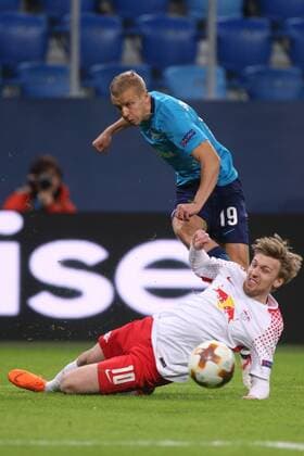 March 15, 2018 - Saint Petersburg, Russia - Igor Smolnikov of FC Zenit Saint Petersburg (L) and Emil Forsberg of RB Leipzig vie for the ball during the UEFA Europa League Round of 16 2nd leg football match between FC Zenit Saint Petersburg and RB Leipzig at Saint Petersburg Stadium. FC Zenit Saint Petersburg vs RB Leipzig UEFA Europa League Round of 16 2nd leg football match in Saint Petersburg, Russia - 15 Mar 2018 - ZUMAs197 82334622st Copyright: xIgorxRussakx