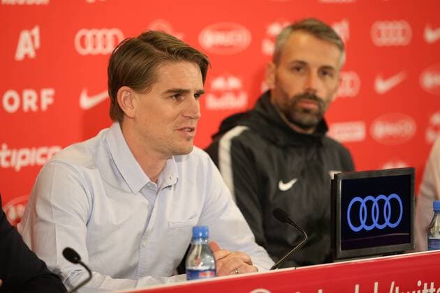 SOCCER - EL, RBS, press conference PK Pressekonferenz SALZBURG,AUSTRIA,16.MAR.18 - SOCCER - UEFA Europa League, Red Bull Salzburg, press conference. Image shows sports coordinator Christoph Freund and head coach Marco Rose (RBS). GEPAxpictures xMathiasxMandl
